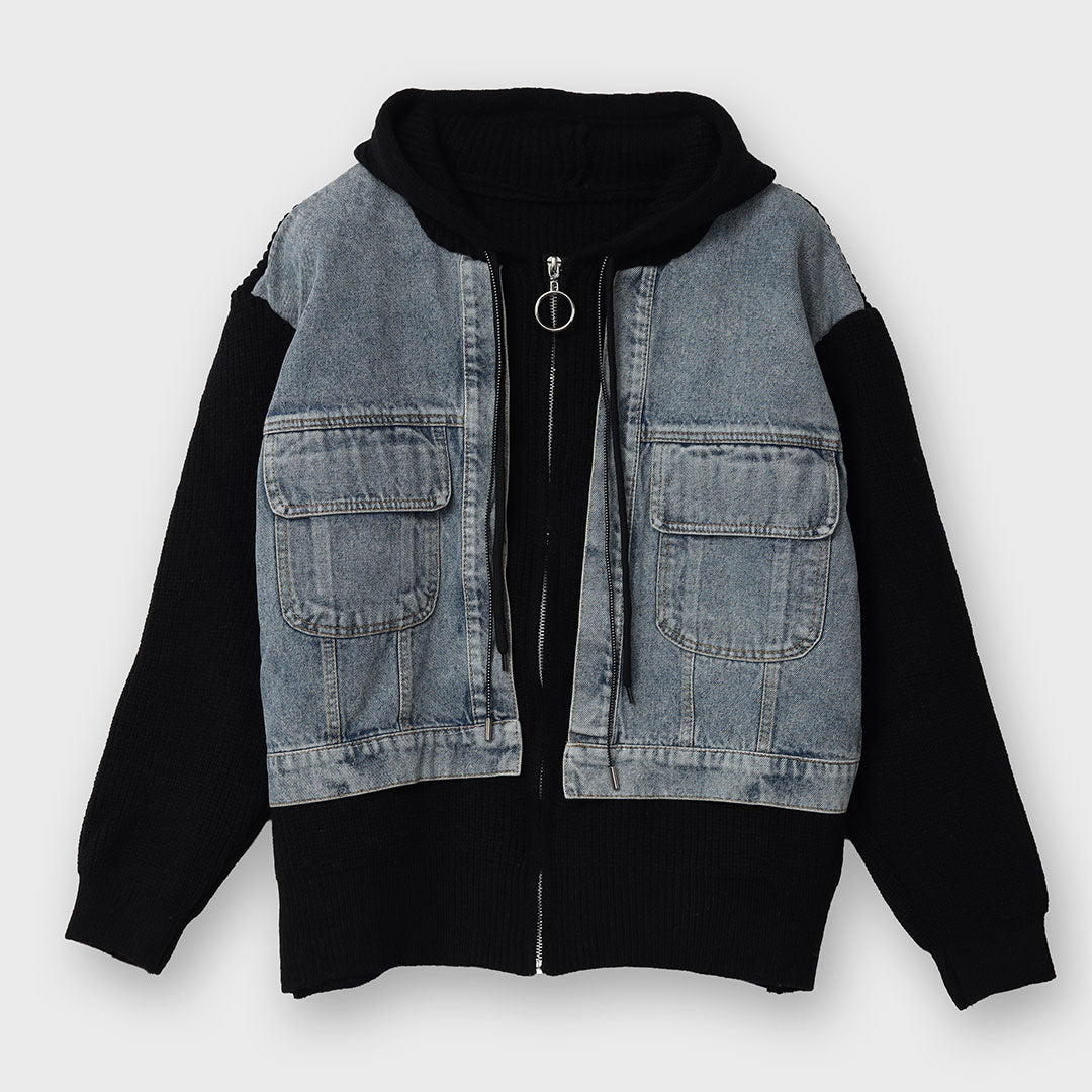 【手洗い可】デニムドッキング ニットパーカー