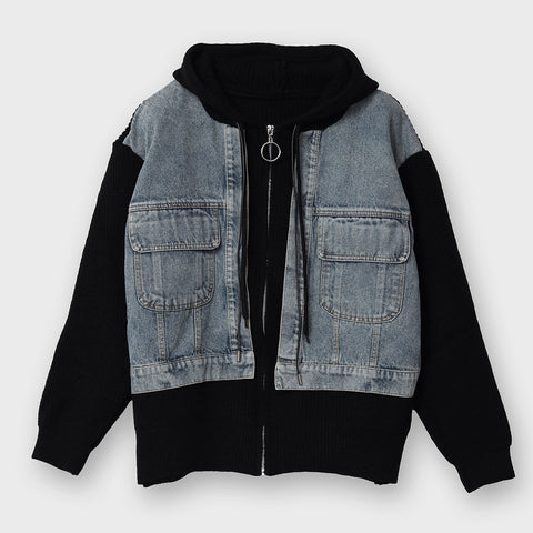【手洗い可】デニムドッキング ニットパーカー