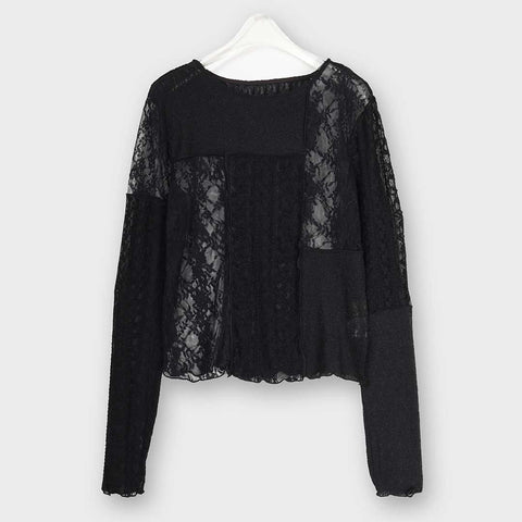 【手洗い可】レース パッチワーク ロングスリーブ トップス