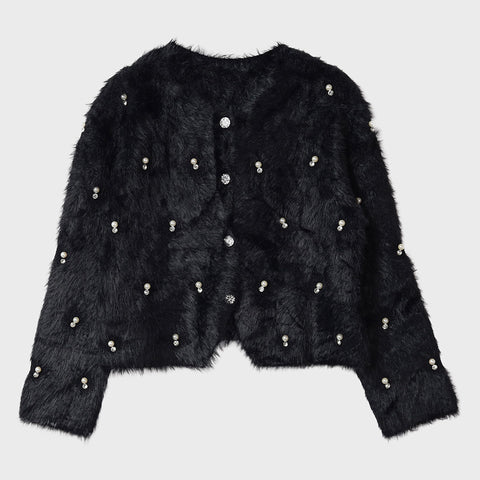 【手洗い可】パール付き シャギーカーディガン