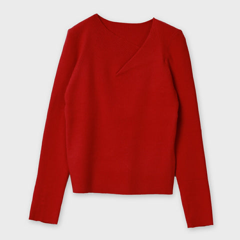 【手洗い可】デザインネックリブニット