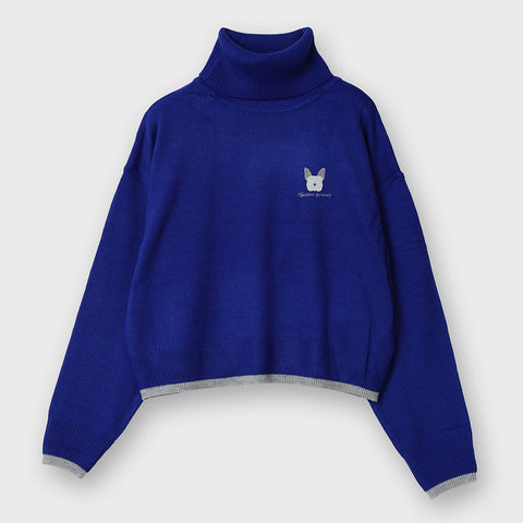 ドックモチーフ ハイネック バイカラー ニット