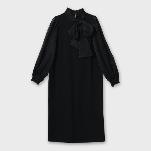 【手洗い可】ダイヤ ジャカード リボン タイ ワンピース