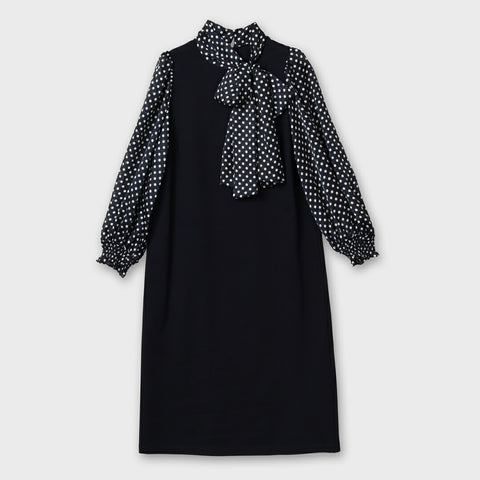 【手洗い可】ドット 異素材 ミックス ワンピース