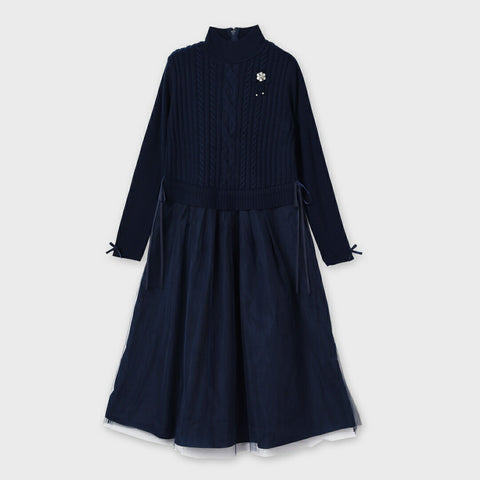 【手洗い可】異素材切替 ケーブル編み ハイネック ワンピース