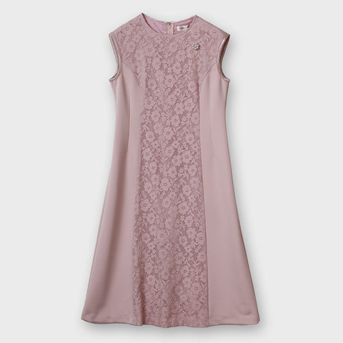 前立て透かしレース切替ダンボールニット素材フレンチスリーブ ワンピース