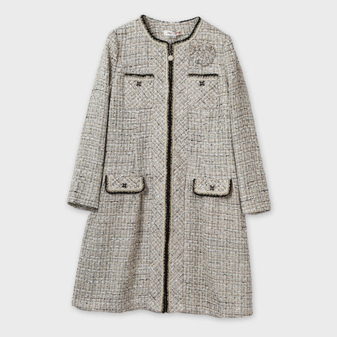 ツイード生地 ノーカラー ロング ジャケット