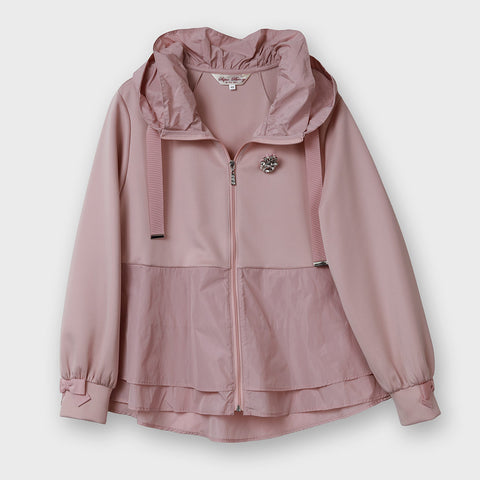 衿フリル＆リボン使い ダンボールニット×タフタ素材 ジャケット