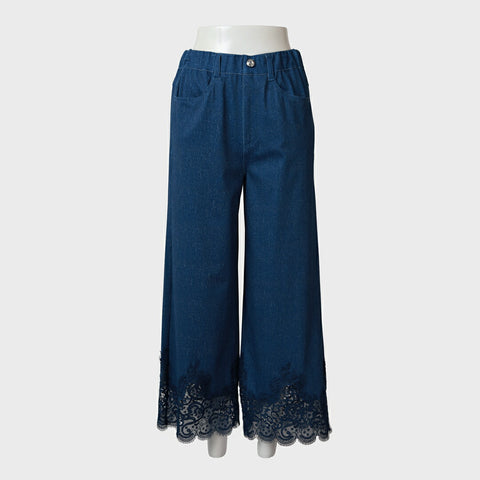 裾レースデザイン デニム風 ストレッチ パンツ