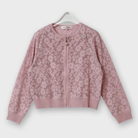 レース編みジップアップ ニットカーディガン