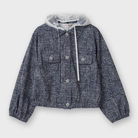 ジュエルボタン格子チェック柄プリント フード着脱式 ジャケット