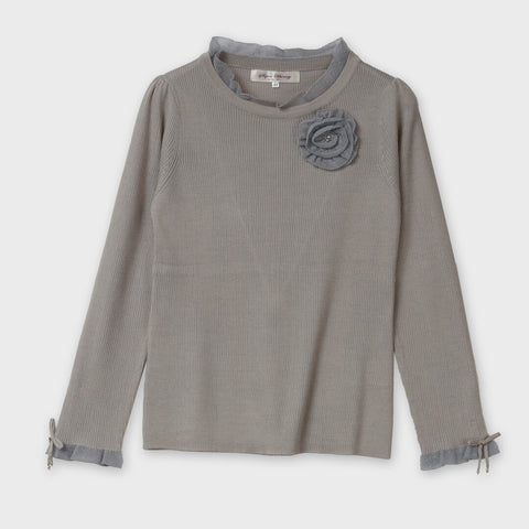 コサージュ付　衿・袖先透かしフリルデザインニット