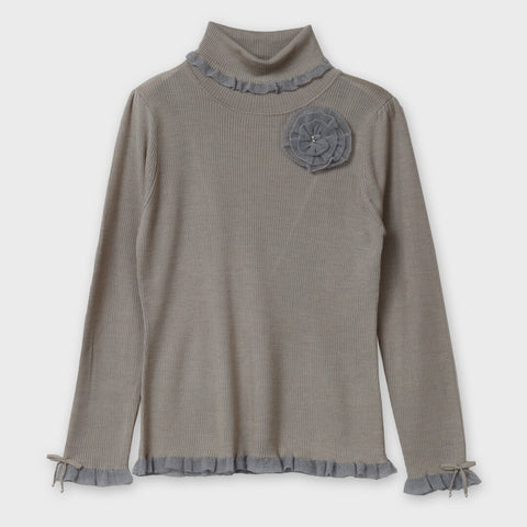 コサージュ付 衿 袖先透かしフリルデザイン タートルネックセーター