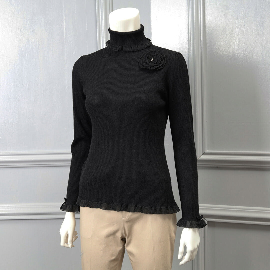 コサージュ付 衿 袖先透かしフリルデザイン タートルネックセーター