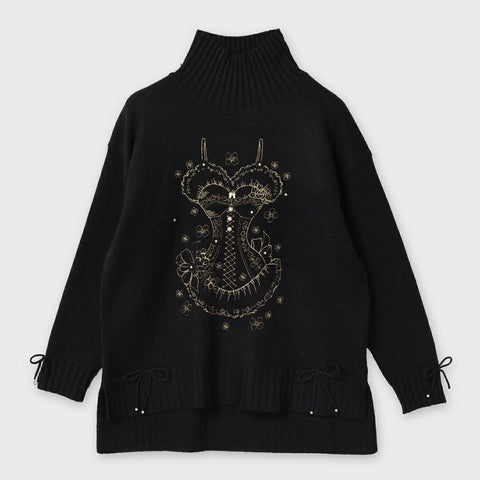 胸元刺しゅう入り ハイネックニットプルオーバー