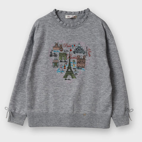 胸元Paris刺しゅう入りフリルデザインニットプルオーバー