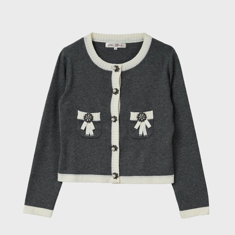 配色ノーカラーニットカーディガン