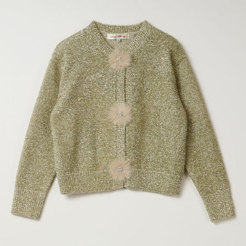 ファーモチーフ付 光沢糸ニットカーディガン