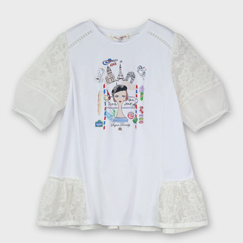 【手洗い可】胸元Parisモチーフ プリント レース切替 × パフ袖ロング Ｔシャツ