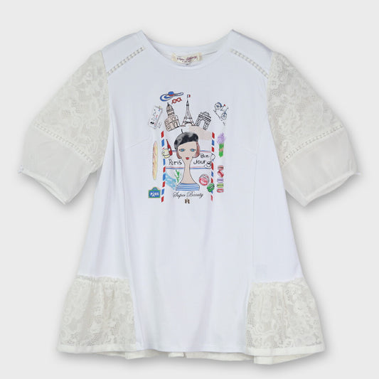 【手洗い可】胸元Parisモチーフ プリント レース切替 × パフ袖ロング Ｔシャツ