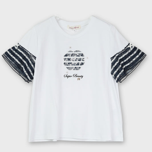 【手洗い可】胸元花刺しゅう 袖ボーダー柄 フリル Ｔシャツ