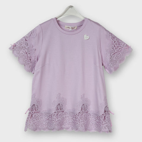 袖×裾 レース 切替 リボン付き Ｔシャツ