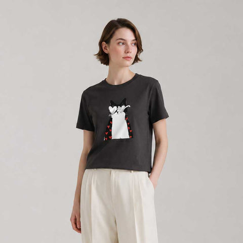 【手洗い可】箔サングラス 猫 プリント Tシャツ